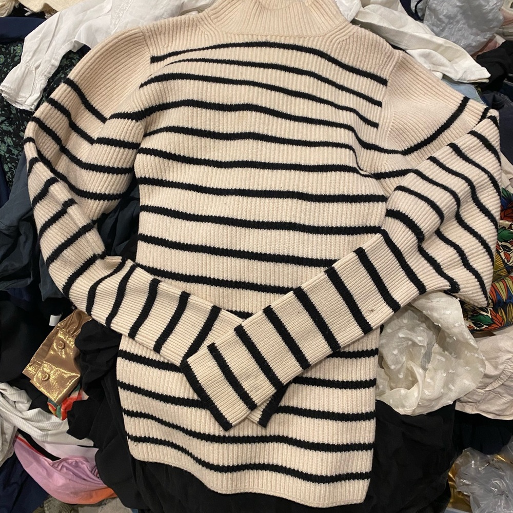 KHAITE Striped Cream and Black Mock Neck Sweater - Picture 4 of 7